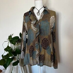 Y2K Bell Sleeve Blouse Brown White and Blue Abstract with Ruffles 70s Vibe